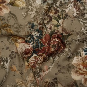 Cotton Crepe – Dusty Olive, Red and Teal Blue Vintage Floral – Mood Exclusive Baroque Blooms Print Cotton Crepe – Dusty Olive, Red and Teal Blue Vintage Floral – Mood Exclusive Baroque Blooms Print