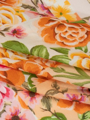Cotton Crepe – Pink, Peachy Orange and Golden Yellow Patchwork Roses – Mood Exclusive Rosette Haze Print Cotton Crepe – Pink, Peachy Orange and Golden Yellow Patchwork Roses – Mood Exclusive Rosette Haze Print