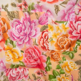 Cotton Crepe – Pink, Peachy Orange and Golden Yellow Patchwork Roses – Mood Exclusive Rosette Haze Print Cotton Crepe – Pink, Peachy Orange and Golden Yellow Patchwork Roses – Mood Exclusive Rosette Haze Print