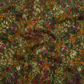 Cotton Crepe – Green, Orange and Berry Purple Floral – Mood Exclusive Mossy Meadow Print Cotton Crepe – Green, Orange and Berry Purple Floral – Mood Exclusive Mossy Meadow Print