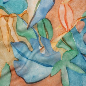 Cotton Crepe – Green, Blue and Orange Watercolor Leaves – Mood Exclusive Cascading Canopy Print Cotton Crepe – Green, Blue and Orange Watercolor Leaves – Mood Exclusive Cascading Canopy Print