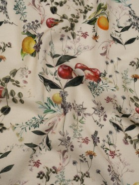 Cotton Crepe – Beige and Green Fruiting Branches and Flowers – Mood Exclusive Orchard’s Edges Print Cotton Crepe – Beige and Green Fruiting Branches and Flowers – Mood Exclusive Orchard’s Edges Print