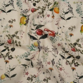 Cotton Crepe – Beige and Green Fruiting Branches and Flowers – Mood Exclusive Orchard’s Edges Print Cotton Crepe – Beige and Green Fruiting Branches and Flowers – Mood Exclusive Orchard’s Edges Print