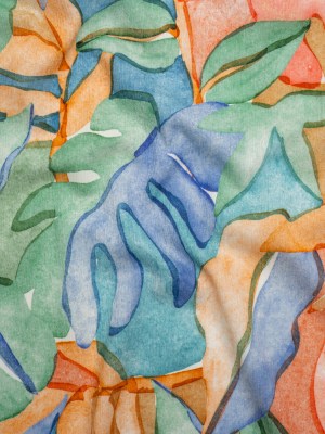 Slubbed Gauzy Cotton Woven – Green, Blue and Orange Watercolor Leaves – Mood Exclusive Cascading Canopy Print Slubbed Gauzy Cotton Woven – Green, Blue and Orange Watercolor Leaves – Mood Exclusive Cascading Canopy Print
