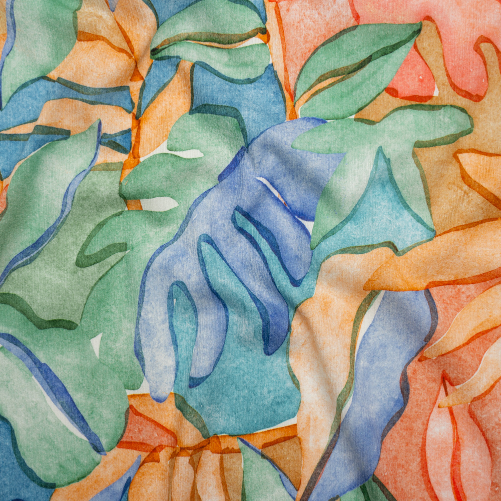 Slubbed Gauzy Cotton Woven – Green, Blue and Orange Watercolor Leaves – Mood Exclusive Cascading Canopy Print Slubbed Gauzy Cotton Woven – Green, Blue and Orange Watercolor Leaves – Mood Exclusive Cascading Canopy Print