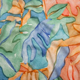 Slubbed Gauzy Cotton Woven – Green, Blue and Orange Watercolor Leaves – Mood Exclusive Cascading Canopy Print Slubbed Gauzy Cotton Woven – Green, Blue and Orange Watercolor Leaves – Mood Exclusive Cascading Canopy Print