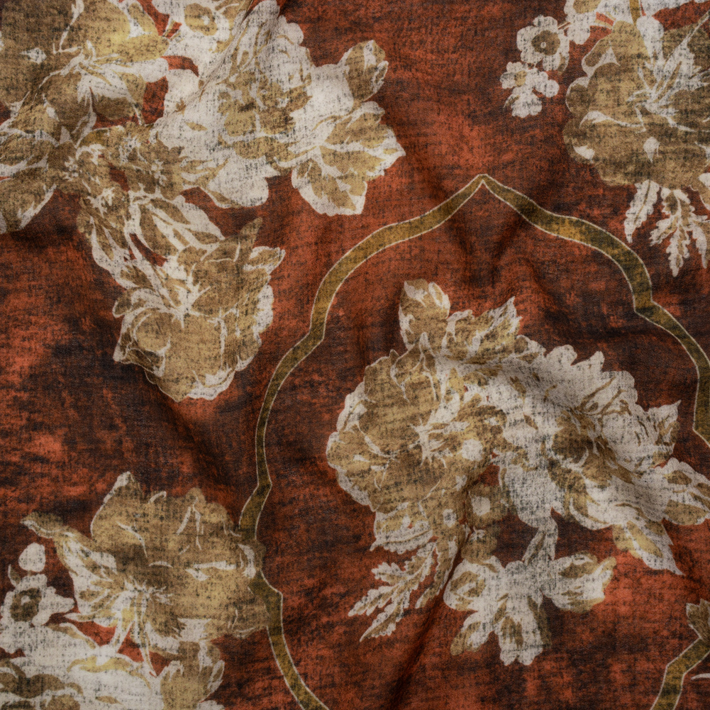 Cotton Crepe – Red Ochre, Beige and Cream Distressed Roses and Frames – Mood Exclusive Gilded Memory Print Cotton Crepe – Red Ochre, Beige and Cream Distressed Roses and Frames – Mood Exclusive Gilded Memory Print