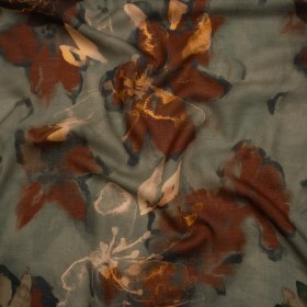 Cotton Crepe – Sage Green, Burgundy and Creamsicle Orange Painted Flowers – Mood Exclusive Lily Tranquility Print Cotton Crepe – Sage Green, Burgundy and Creamsicle Orange Painted Flowers – Mood Exclusive Lily Tranquility Print
