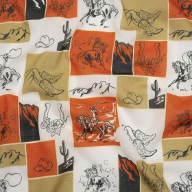 Crinkled Cotton Gauzy Woven – Red Orange, Beige and White Wester Scenes Patchwork – Mood Exclusive Rodeo Reflections Print Crinkled Cotton Gauzy Woven – Red Orange, Beige and White Wester Scenes Patchwork – Mood Exclusive Rodeo Reflections Print