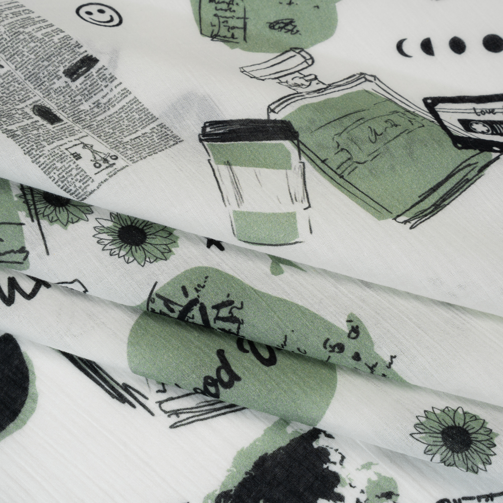 Crinkled Cotton Gauzy Woven – Sage Green, Black and White Miscellaneous Objects – Mood Exclusive Curated Curiosities Print Crinkled Cotton Gauzy Woven – Sage Green, Black and White Miscellaneous Objects – Mood Exclusive Curated Curiosities Print