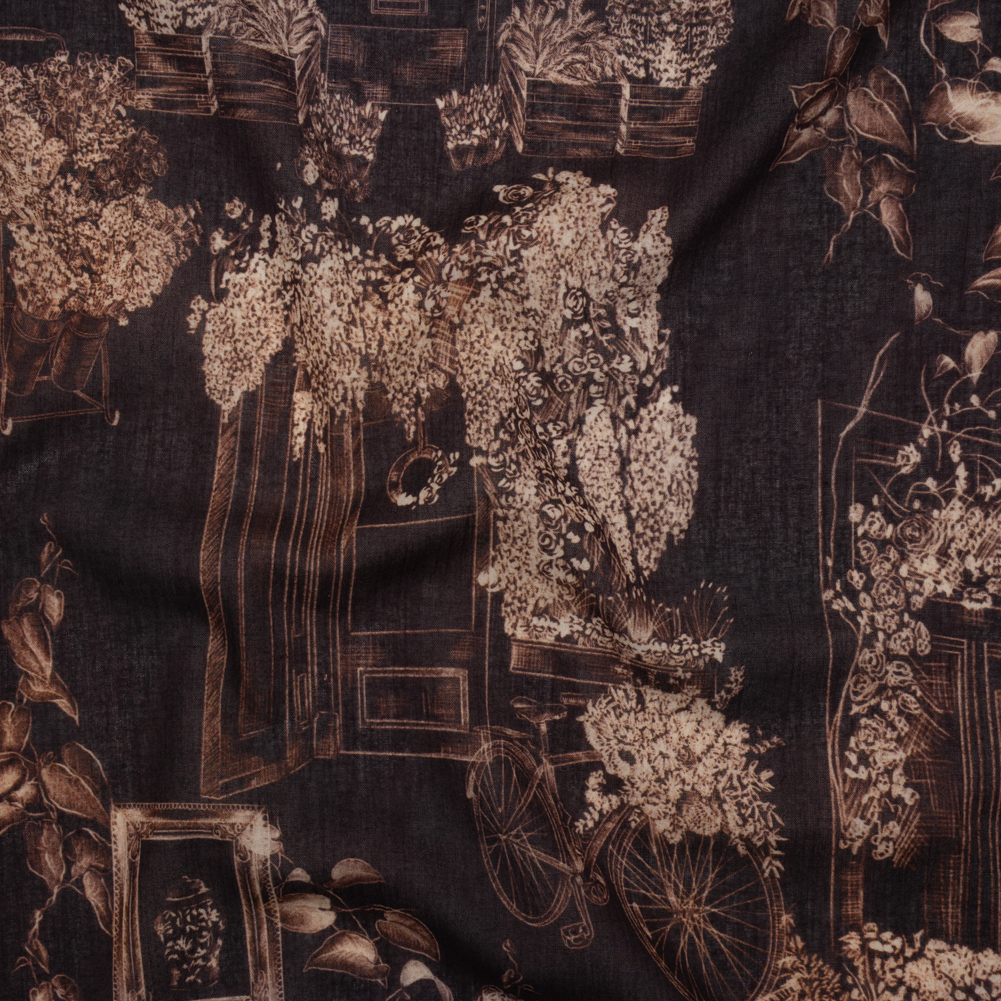 Crinkled Cotton Gauzy Woven – Dark Brown and Cream Flowers and Framed Photos – Mood Exclusive Coffee Date Print Crinkled Cotton Gauzy Woven – Dark Brown and Cream Flowers and Framed Photos – Mood Exclusive Coffee Date Print