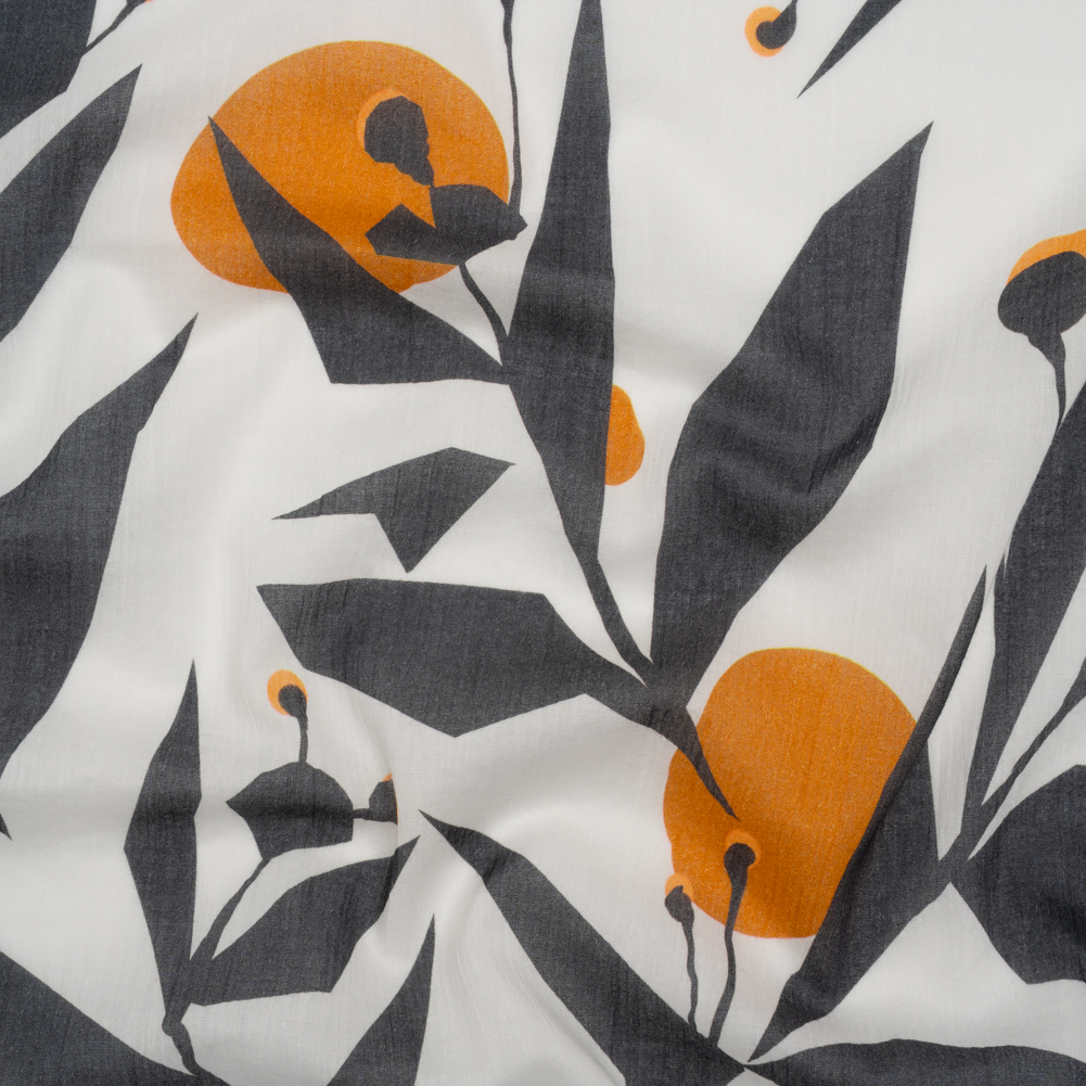 Crinkled Cotton Gauzy Woven – White, Charcoal Gray and Golden Orange Geometric Florals – Mood Exclusive Fractal Foliage Print Crinkled Cotton Gauzy Woven – White, Charcoal Gray and Golden Orange Geometric Florals – Mood Exclusive Fractal Foliage Print
