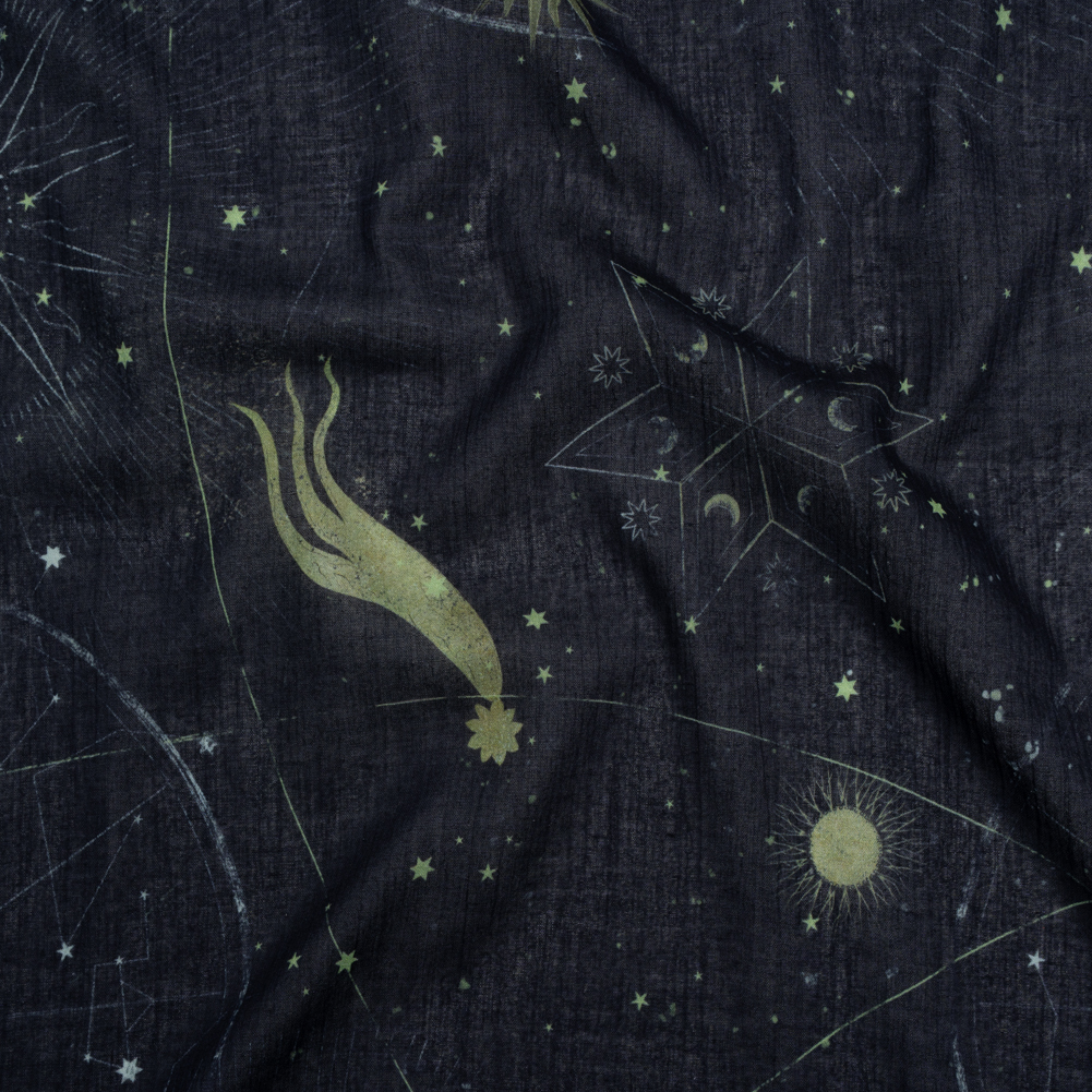 Crinkled Cotton Gauzy Woven – Navy Blue and Lime Green Celestial and Geometrics – Mood Exclusive Cosmic Cartography Print Crinkled Cotton Gauzy Woven – Navy Blue and Lime Green Celestial and Geometrics – Mood Exclusive Cosmic Cartography Print