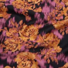 Polyester Mikado – Orange, Pink and Black Ikat Roses – Mood Exclusive Echoed Illusions Print Polyester Mikado – Orange, Pink and Black Ikat Roses – Mood Exclusive Echoed Illusions Print