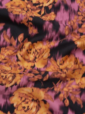 Polyester Mikado – Orange, Pink and Black Ikat Roses – Mood Exclusive Echoed Illusions Print Polyester Mikado – Orange, Pink and Black Ikat Roses – Mood Exclusive Echoed Illusions Print