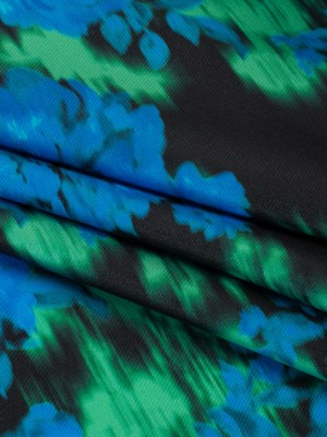 Polyester Mikado – Blue, Green and Black Ikat Roses – Mood Exclusive Echoed Illusions Print Polyester Mikado – Blue, Green and Black Ikat Roses – Mood Exclusive Echoed Illusions Print