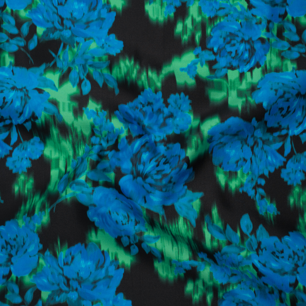 Polyester Mikado – Blue, Green and Black Ikat Roses – Mood Exclusive Echoed Illusions Print Polyester Mikado – Blue, Green and Black Ikat Roses – Mood Exclusive Echoed Illusions Print