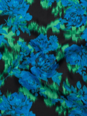 Polyester Mikado – Blue, Green and Black Ikat Roses – Mood Exclusive Echoed Illusions Print Polyester Mikado – Blue, Green and Black Ikat Roses – Mood Exclusive Echoed Illusions Print