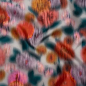 Polyester Mikado – Red Orange, Lilac and Dark Teal Ikat Flowers – Mood Exclusive Echoes of Eden Print Polyester Mikado – Red Orange, Lilac and Dark Teal Ikat Flowers – Mood Exclusive Echoes of Eden Print