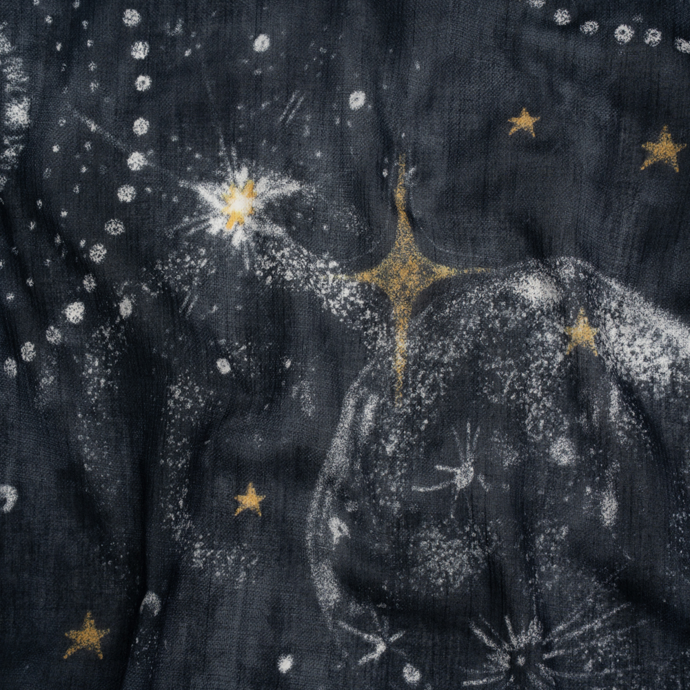 Crinkled Cotton Gauzy Woven – Navy Blue, White and Yellow Starry Sky – Mood Exclusive Little Traveler Print Crinkled Cotton Gauzy Woven – Navy Blue, White and Yellow Starry Sky – Mood Exclusive Little Traveler Print