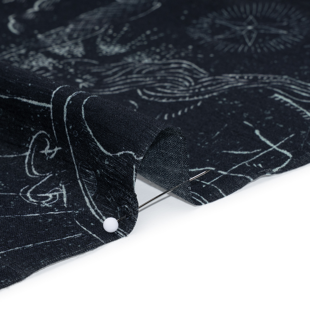 Crinkled Cotton Gauzy Woven - Midnight Blue and White Celestial Motifs - Mood Exclusive Moonlit Tides Print