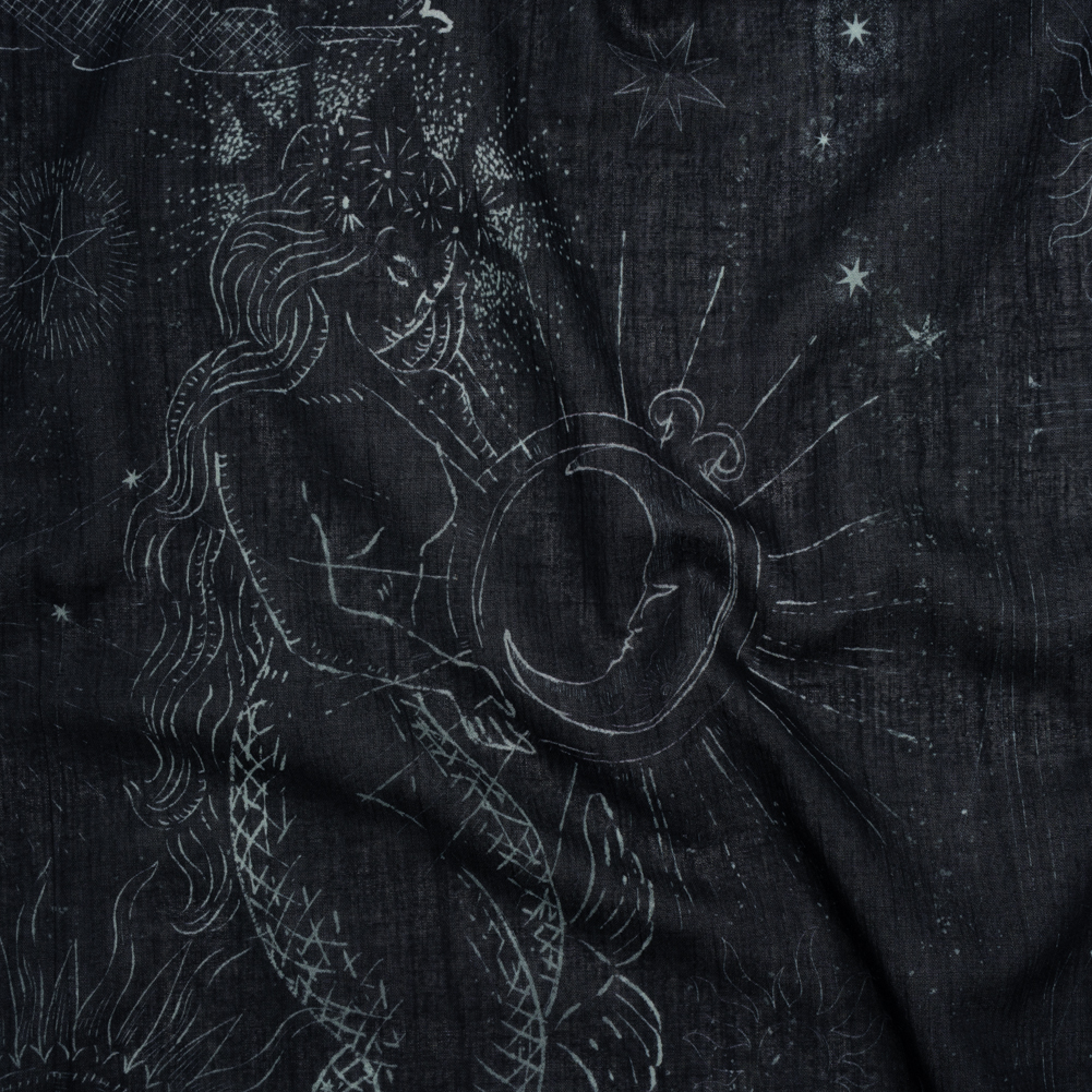 Crinkled Cotton Gauzy Woven – Midnight Blue and White Celestial Motifs – Mood Exclusive Moonlit Tides Print Crinkled Cotton Gauzy Woven – Midnight Blue and White Celestial Motifs – Mood Exclusive Moonlit Tides Print