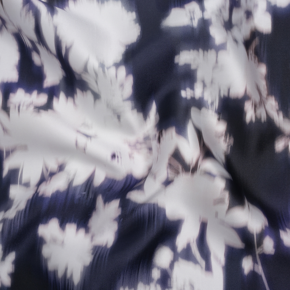 Polyester Mikado – Navy and White Ikat Floral Silhouettes – Mood Exclusive Glowscape Garden Print Polyester Mikado – Navy and White Ikat Floral Silhouettes – Mood Exclusive Glowscape Garden Print