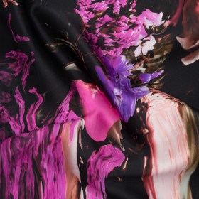 Polyester Mikado – Black, Pink and Purple Abstracted Melting Flowers – Mood Exclusive Surreal Symphony Print Polyester Mikado – Black, Pink and Purple Abstracted Melting Flowers – Mood Exclusive Surreal Symphony Print