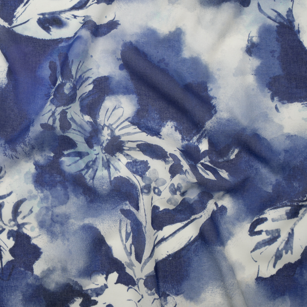 Cotton Voile – Dark Blue and White Watercolor Flowers – Mood Exclusive Inkblot Inspirations Print Cotton Voile – Dark Blue and White Watercolor Flowers – Mood Exclusive Inkblot Inspirations Print