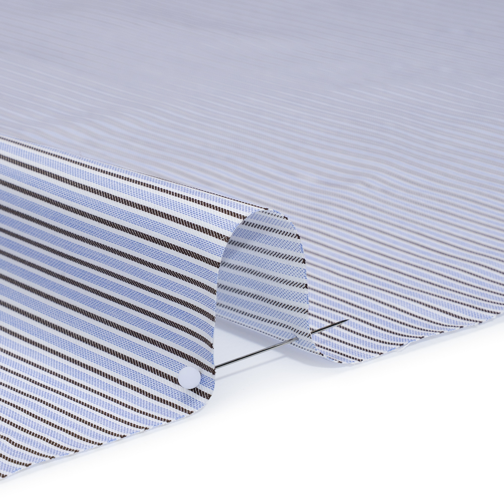 Cotton Twill Shirting Made in Italy – Light Blue, Brown and White Stripes – Deadstock Cotton Twill Shirting Made in Italy – Light Blue, Brown and White Stripes – Deadstock