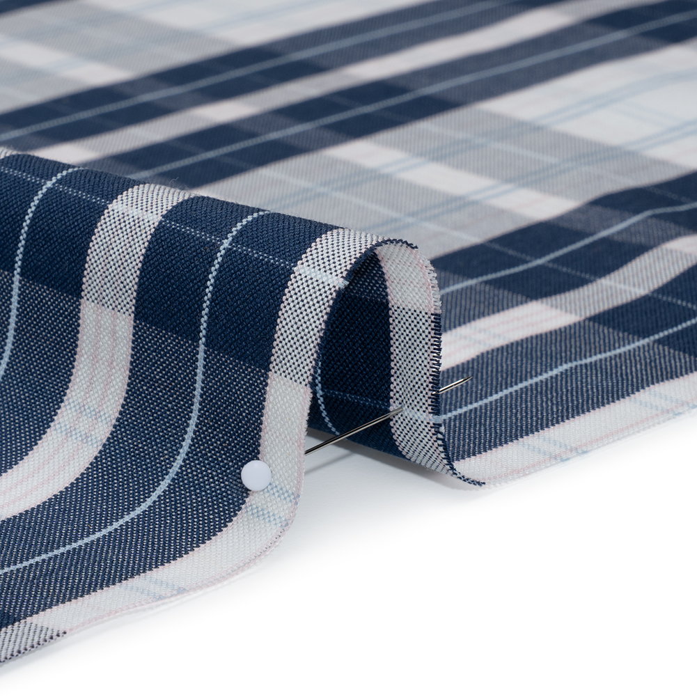 Cotton Oxford Shirting - Navy Blue, Baby Pink and White Plaid - Deadstock