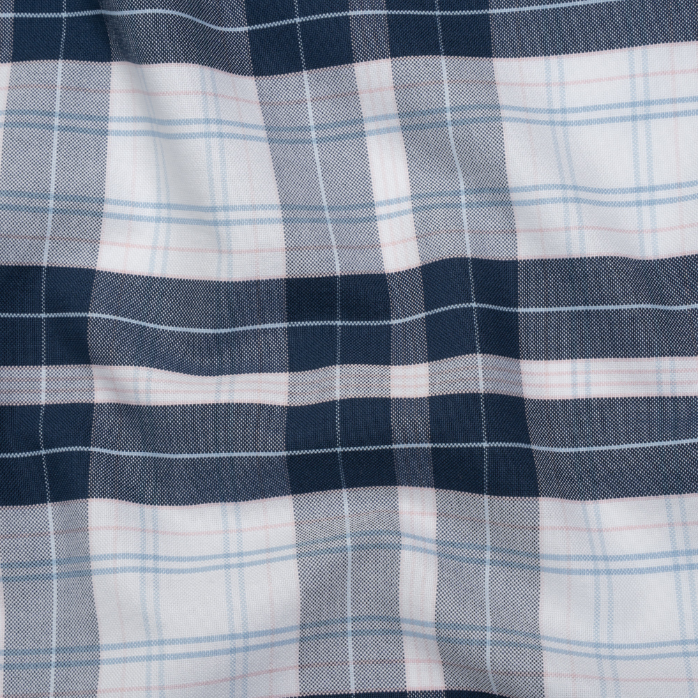 Cotton Oxford Shirting – Navy Blue, Baby Pink and White Plaid – Deadstock Cotton Oxford Shirting – Navy Blue, Baby Pink and White Plaid – Deadstock