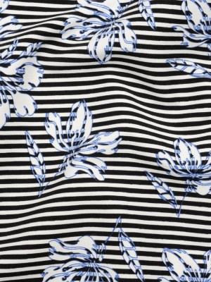 Stretch Rayon and Polyester Twill – Black, White and Blue Flowers over Stripes – Deadstock Stretch Rayon and Polyester Twill – Black, White and Blue Flowers over Stripes – Deadstock
