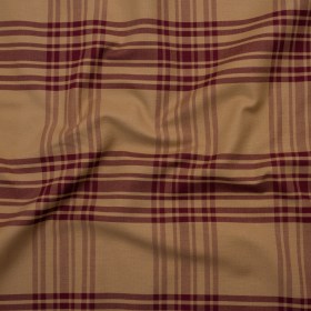 Cotton Oxford Shirting – Tan and Burgundy Plaid – Deadstock Cotton Oxford Shirting – Tan and Burgundy Plaid – Deadstock