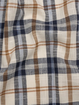 Lightweight Linen Woven – Navy, Camel Brown and Cream Plaid – Deadstock Lightweight Linen Woven – Navy, Camel Brown and Cream Plaid – Deadstock