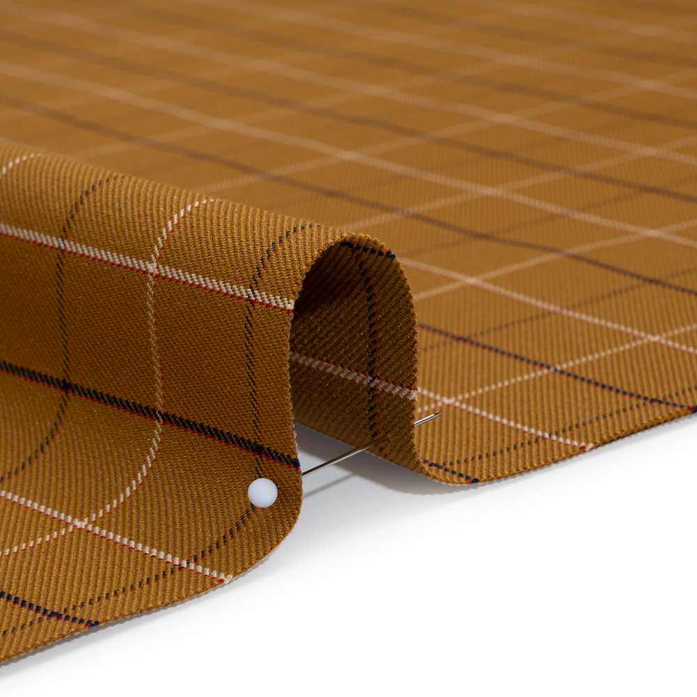 Cotton and Polyester Twill – Yellow Ochre, Navy and White Shadow Window Pane Check – Deadstock Cotton and Polyester Twill – Yellow Ochre, Navy and White Shadow Window Pane Check – Deadstock