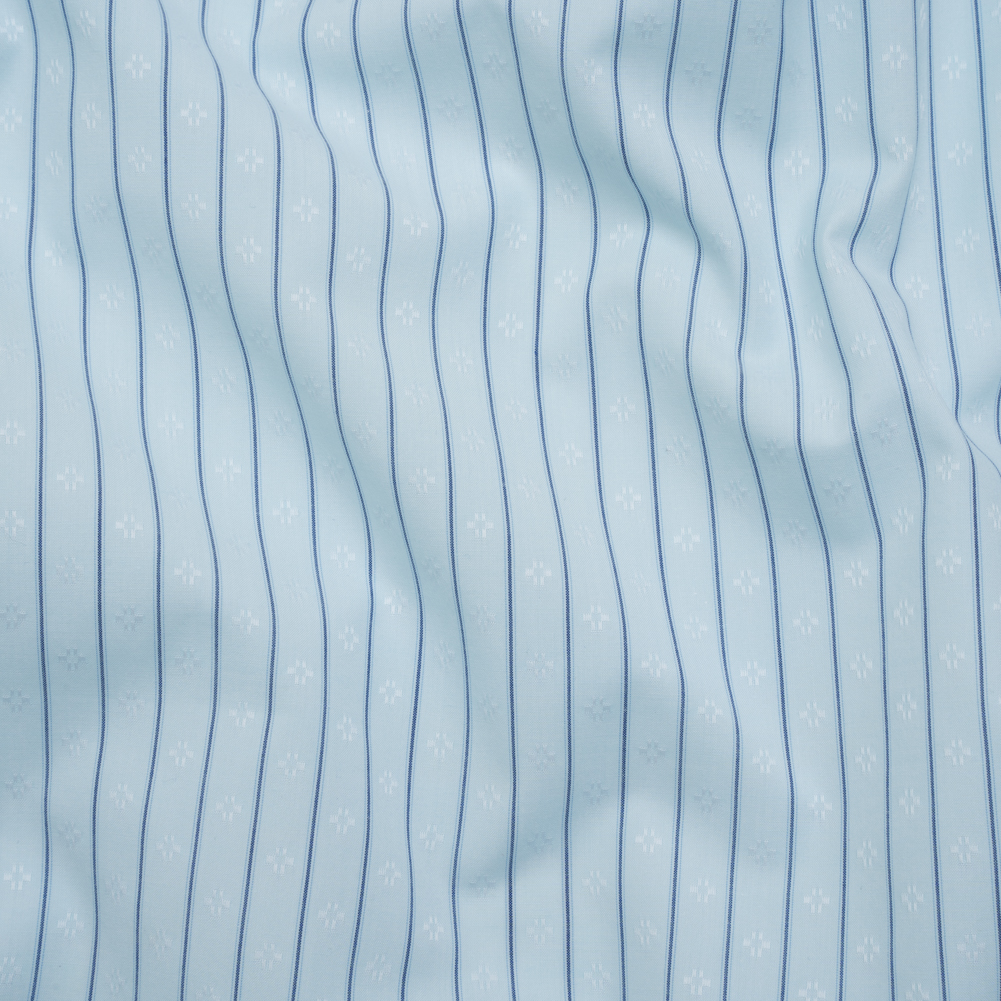 Cotton Dobby Shirting – Aqua Blue and Navy Stripes and Pluses – Deadstock Cotton Dobby Shirting – Aqua Blue and Navy Stripes and Pluses – Deadstock