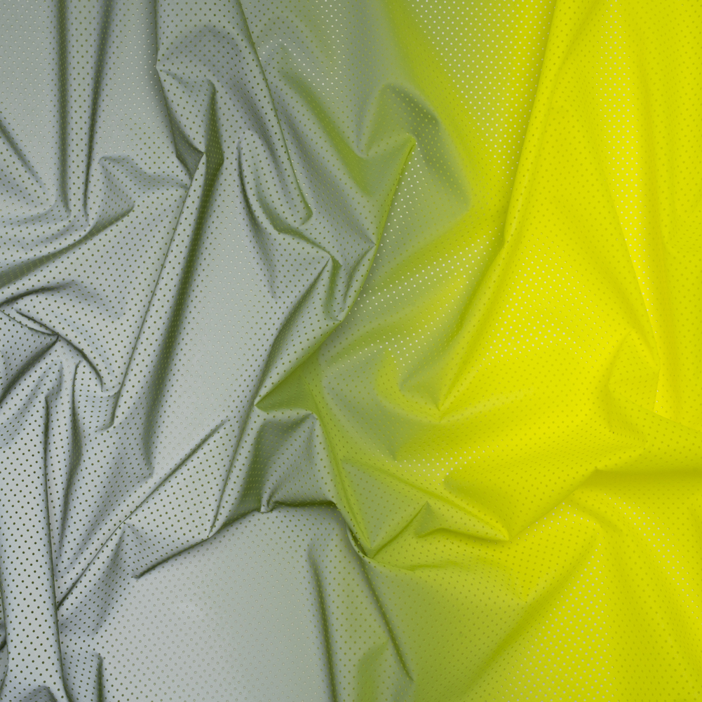 Perforated Reflective Fabric – Fluorescent Yellow and Silver Gray Ombre Perforated Reflective Fabric – Fluorescent Yellow and Silver Gray Ombre