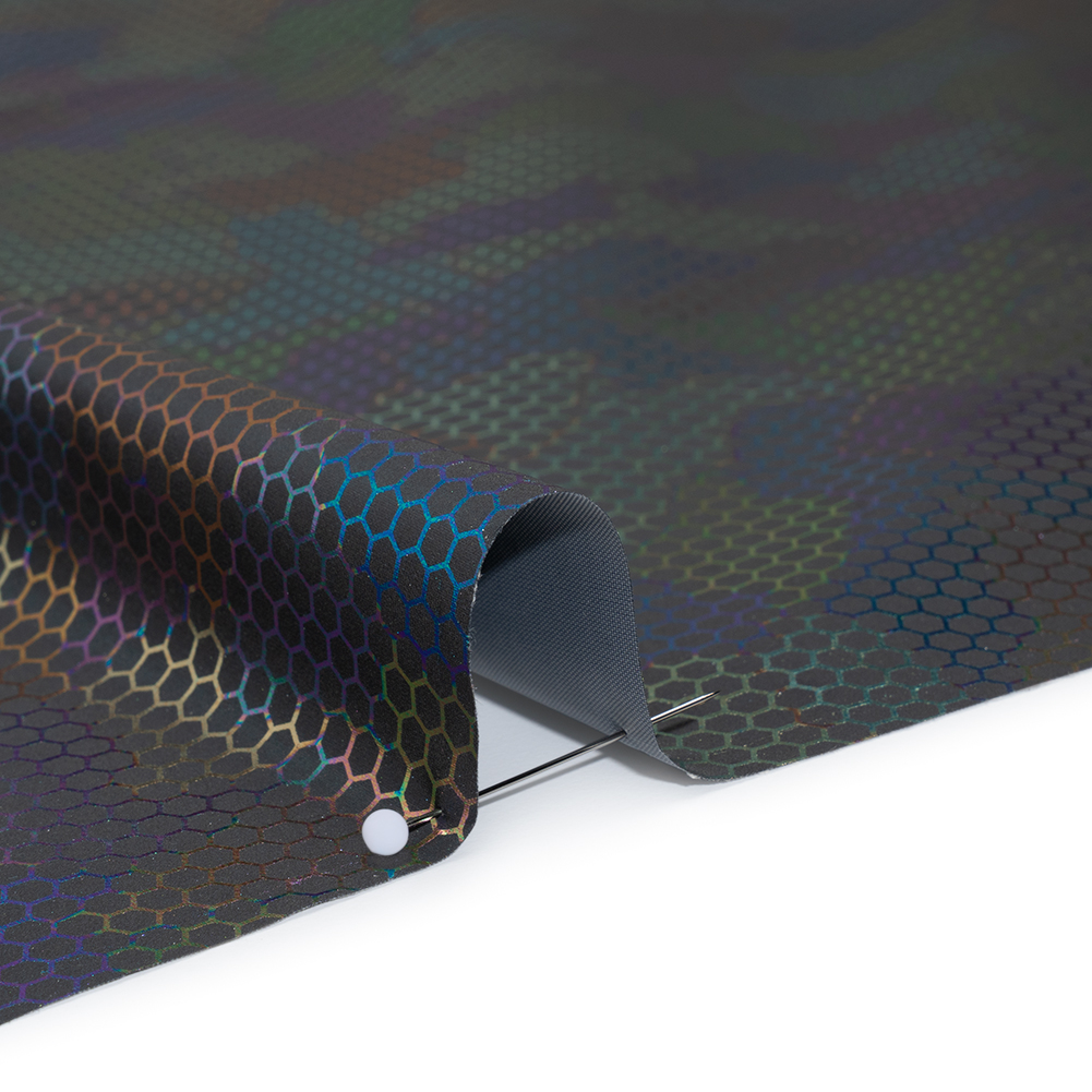 Reflective Fabric - Dark Gray Rainbow with Metallic Rainbow Oil Slick Honeycombs