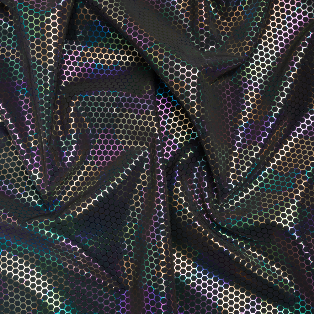 Reflective Fabric – Dark Gray Rainbow with Metallic Rainbow Oil Slick Honeycombs Reflective Fabric – Dark Gray Rainbow with Metallic Rainbow Oil Slick Honeycombs
