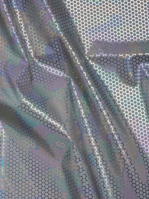 Reflective Fabric – Silver Gray with Metallic Rainbow Oil Slick Honeycombs Reflective Fabric – Silver Gray with Metallic Rainbow Oil Slick Honeycombs