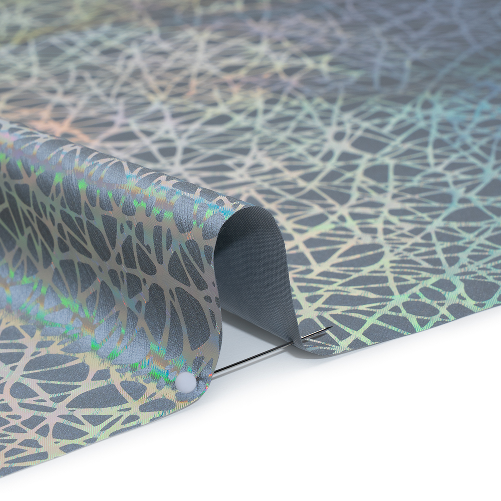 Foiled Reflective Fabric - Silver Gray with Rainbow Web