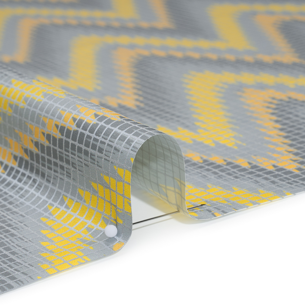 Reflective Print Fabric - Yellow and Gray Ikat Zig Zag with Silver Gray Grid
