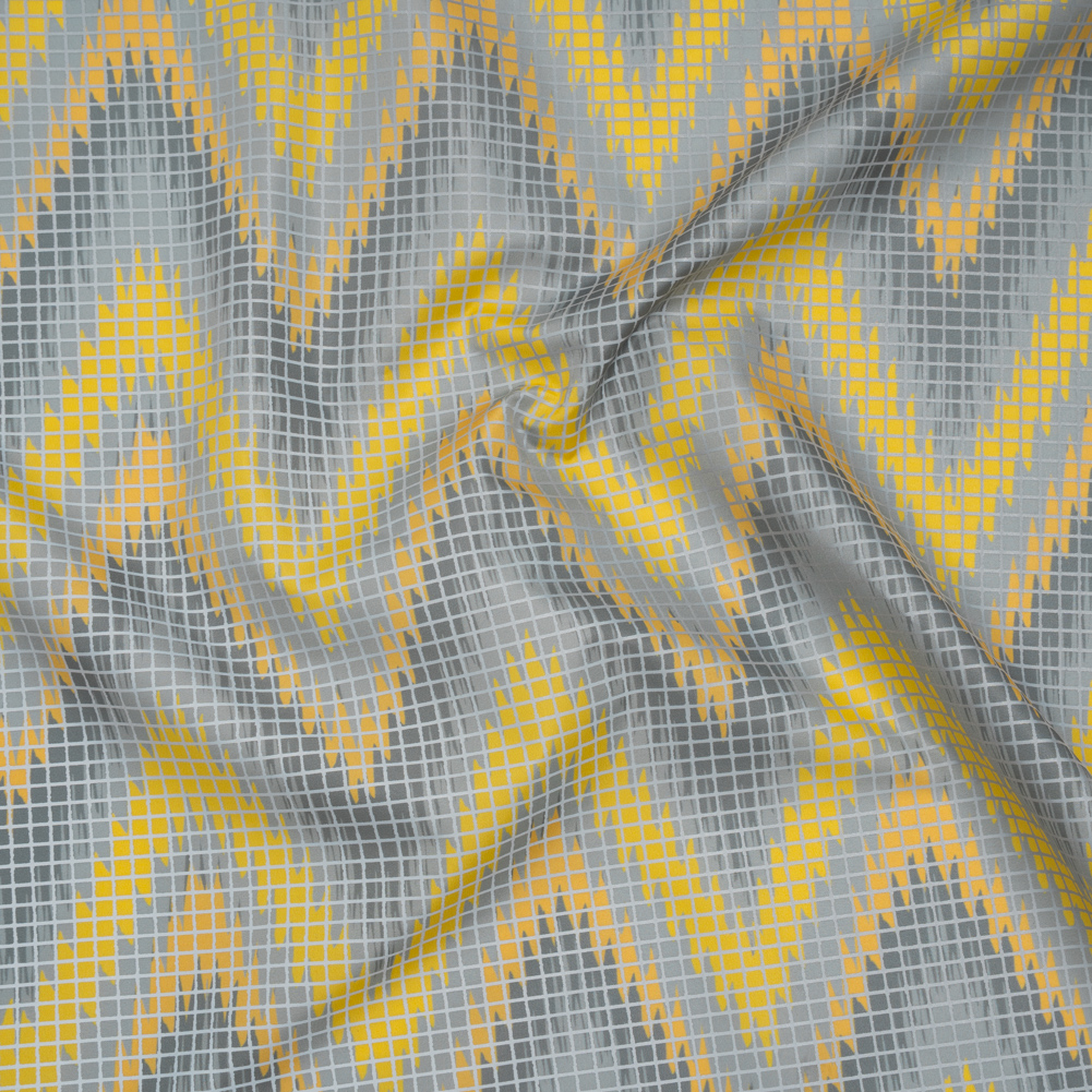 Reflective Print Fabric – Yellow and Gray Ikat Zig Zag with Silver Gray Grid Reflective Print Fabric – Yellow and Gray Ikat Zig Zag with Silver Gray Grid