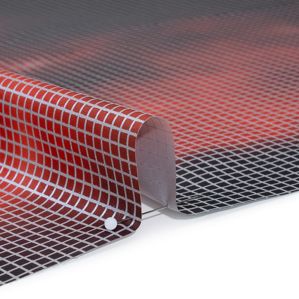 Reflective Print Fabric - Red and Black Abstract with Silver Gray Grid