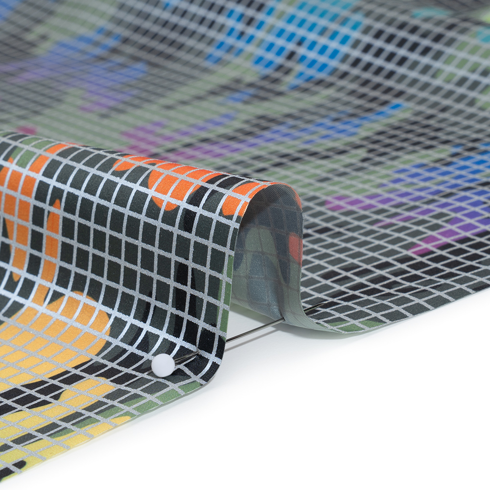 Reflective Print Fabric - Olive Green and Rainbow Camouflage with Silver Gray Grid