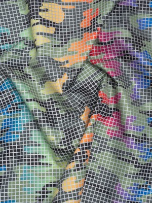 Reflective Print Fabric – Olive Green and Rainbow Camouflage with Silver Gray Grid Reflective Print Fabric – Olive Green and Rainbow Camouflage with Silver Gray Grid