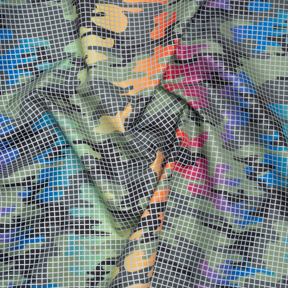 Reflective Print Fabric – Olive Green and Rainbow Camouflage with Silver Gray Grid Reflective Print Fabric – Olive Green and Rainbow Camouflage with Silver Gray Grid