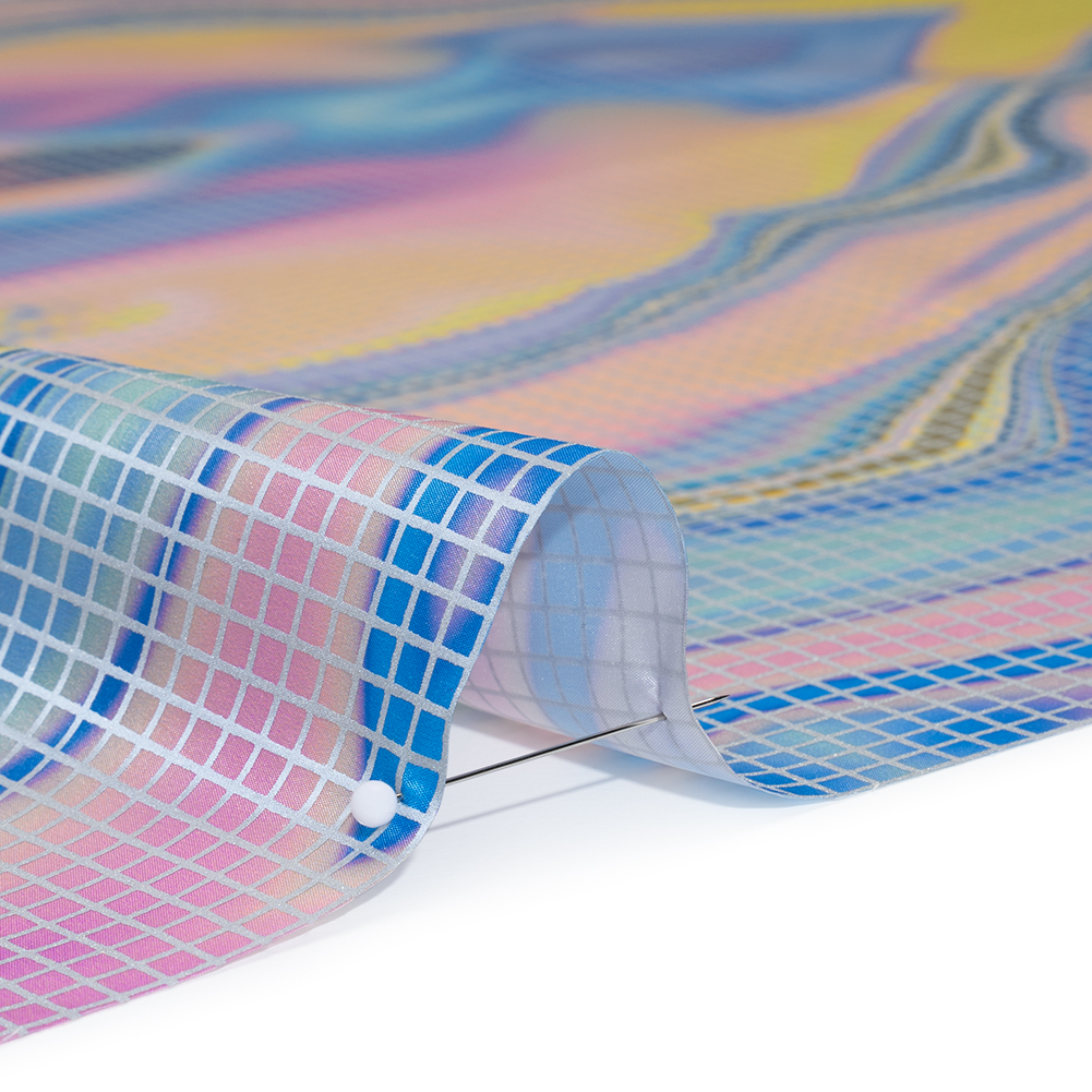 Reflective Print Fabric - Blue, Pink and Yellow Oily Abstract with Silver Gray Grid