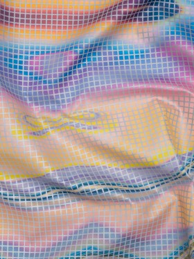 Reflective Print Fabric – Blue, Pink and Yellow Oily Abstract with Silver Gray Grid Reflective Print Fabric – Blue, Pink and Yellow Oily Abstract with Silver Gray Grid